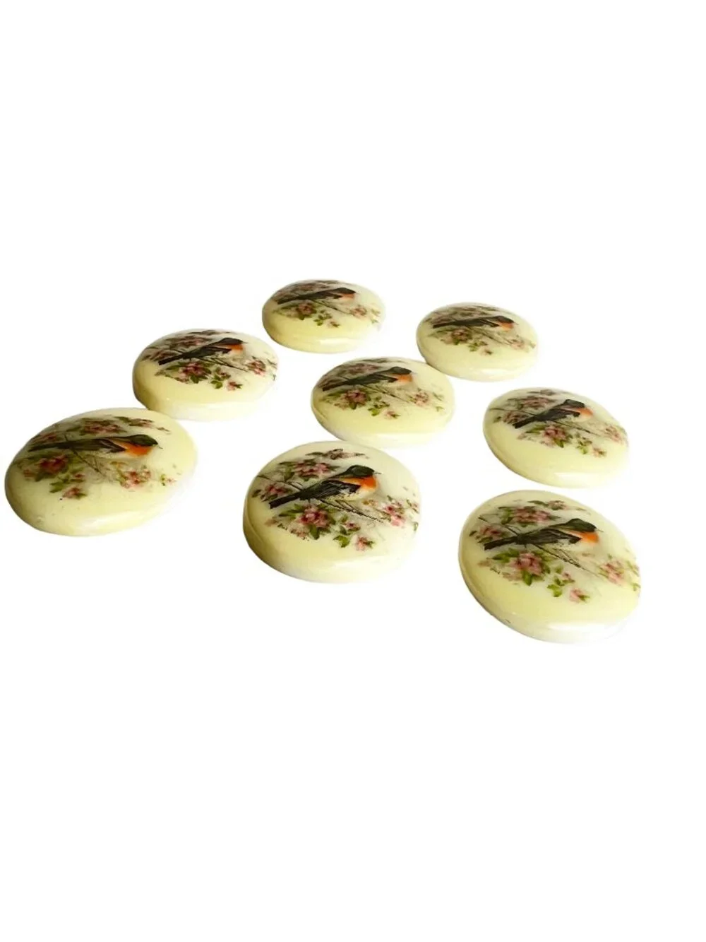 Vintage Style Litho Bird Acrylic Cabochons 25x18 mm - Destash Lot of 8